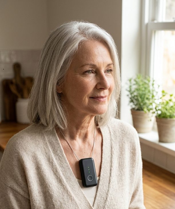 SafeLynk Smart Locket Wearing Elderly Woman - Best Budget Medical Alert Device for Seniors in 2026
