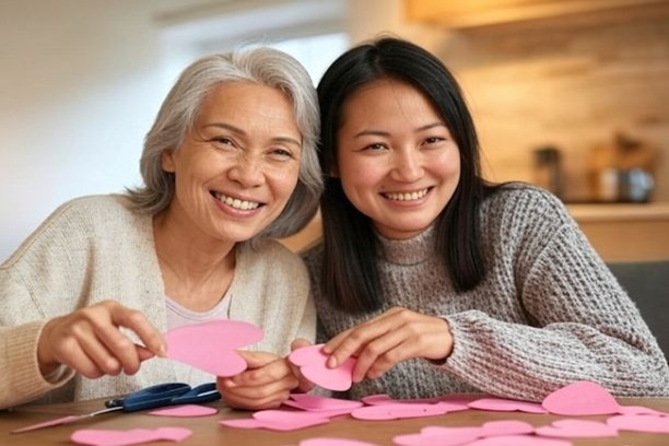 Valentine’s gifts for seniors arranged on a table.