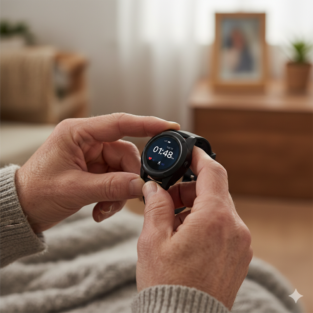 The image shows a senior holding Safelynk Smartwatch in his hands. Valentine's gift for Seniors with dementia this 2026