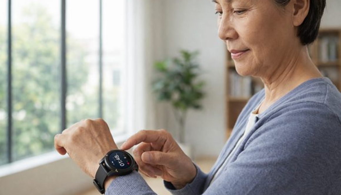 A woman is wearing SafeLynk Smart Watch which is widely considered the best budget medical alert device for active seniors. Mother's Day Gift for Seniors 2026