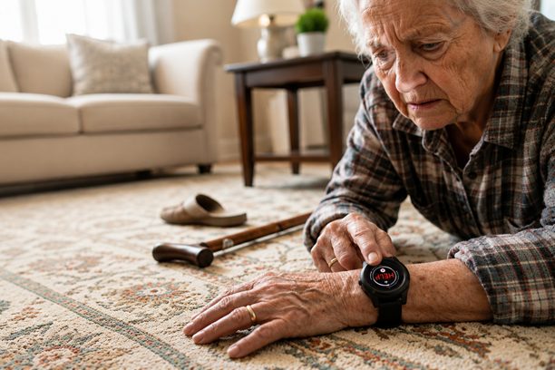 A senior woman fallen at home calling for sos help from her safelynk smartwatch