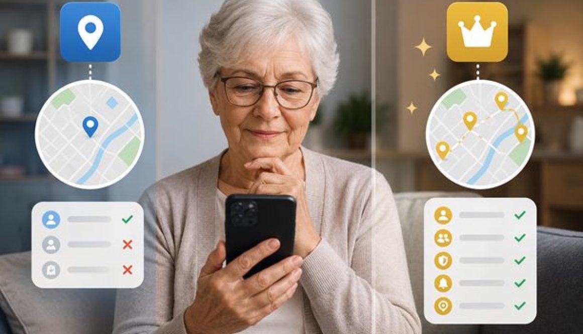 a senior woman comparing free vs paid location sharing apps for families in 2026.