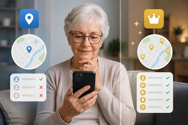 a senior woman comparing free vs paid location sharing apps for families in 2026.