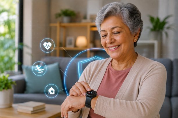 Senior woman wearing our safelynk smartwatch at home | Discover how AI-powered fall detection devices are transforming home care safety in 2026