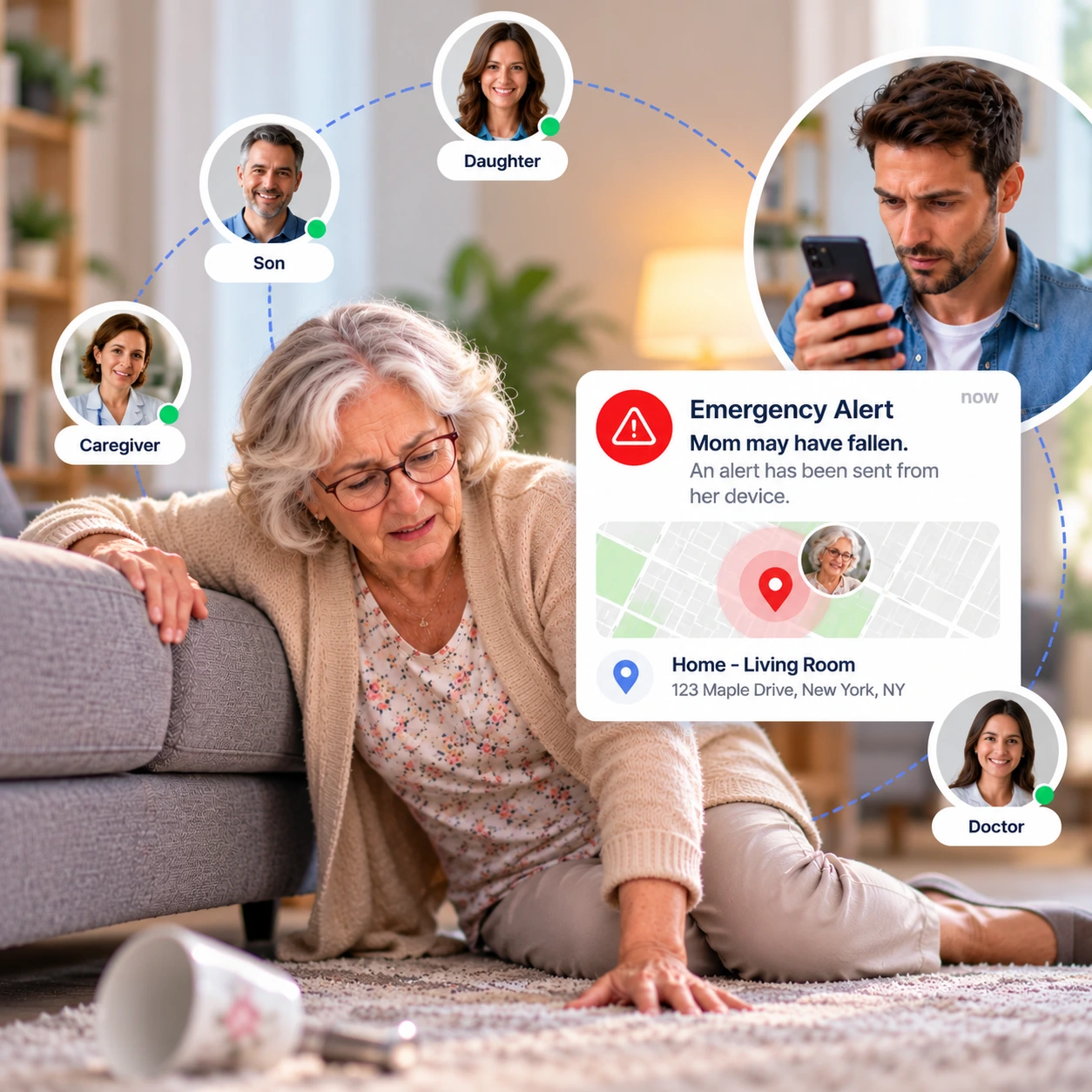 Mom sharing safety updates with daughter, son, and caregiver