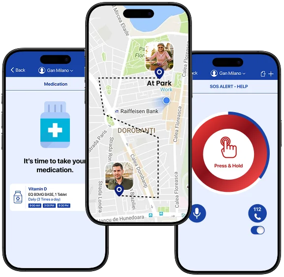 mySeniorCareHub app screens for medication, location, and SOS