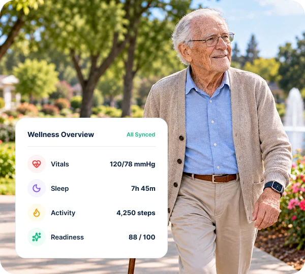 Senior walking with a wellness overview of vitals, sleep, and activity