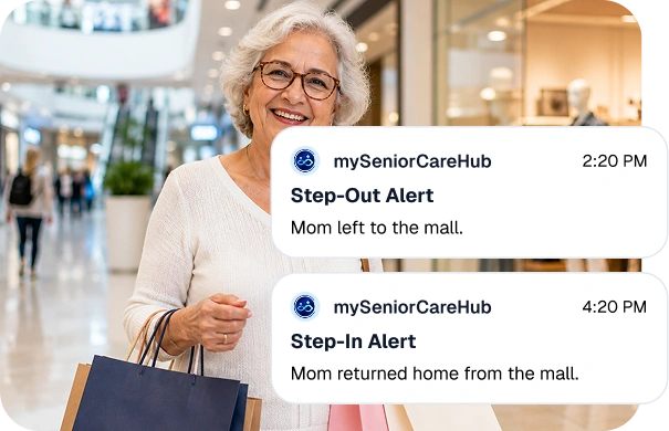 Senior shopping at the mall with step-out and step-in alerts