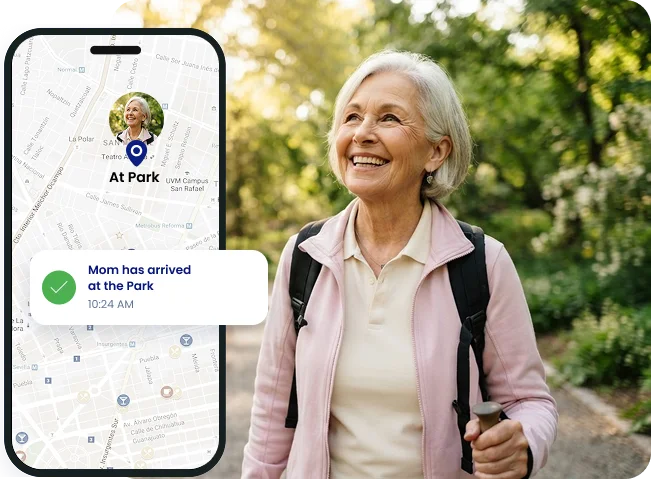 Senior woman using a family safety app with live location information and an arrival notification