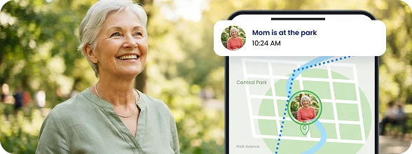 Senior woman walking outdoors while a family safety app shows her shared location and route