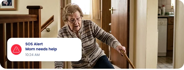 Senior holding a stair rail with an SOS alert that Mom needs help