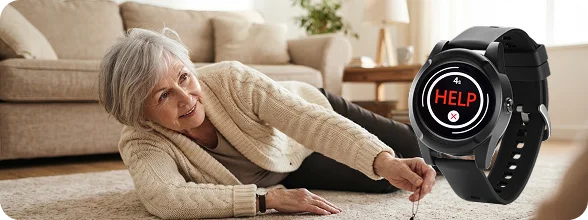 Senior using a compatible smartwatch with a fall detection alert