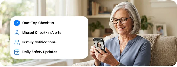 Senior woman completing a daily safety check-in on her smartphone