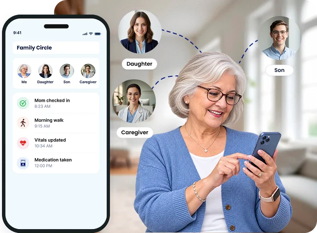 Senior woman using a smartphone to stay connected with family and caregivers