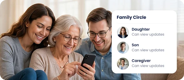 Senior woman with family members using a phone together