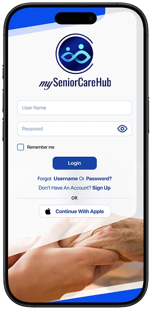 mySeniorCareHub app shown alongside compatible SafeLynk safety devices