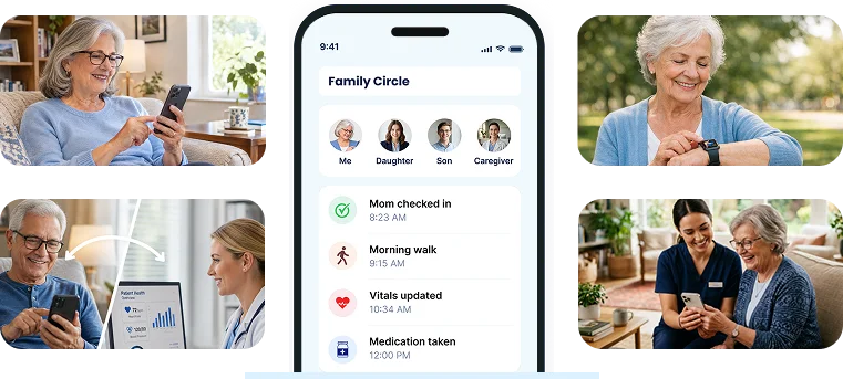 mySeniorCareHub app shown alongside compatible SafeLynk safety devices