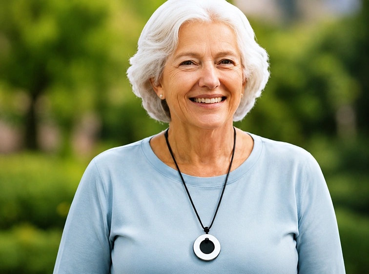 Senior wearing SafeLynk In-Home emergency pendant outdoors
