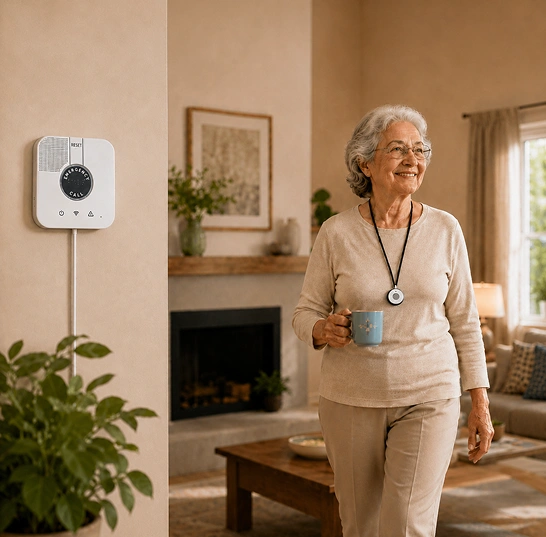 Senior enjoying independent living at home with mySeniorCareHub in-home medical alert device