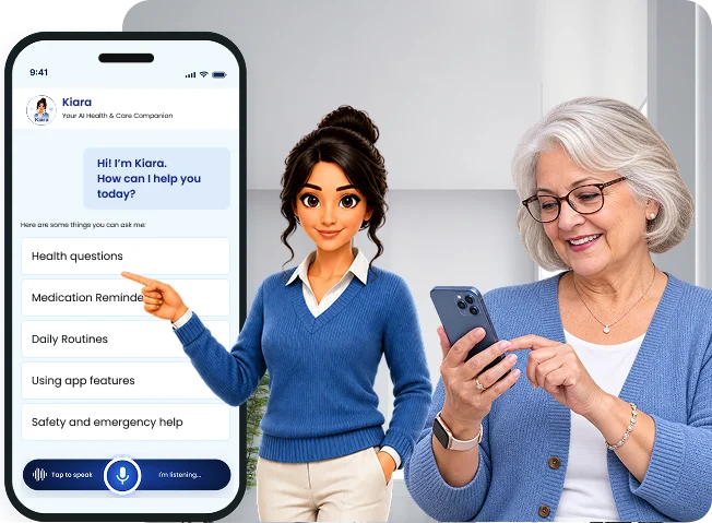 Kiara AI Health & Care Companion shown alongside a senior using the mySeniorCareHub app