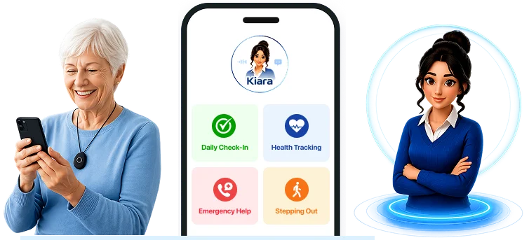 Senior woman using the mySeniorCareHub app beside Kiara and a phone screen with daily check-in, health tracking, emergency help and stepping out
