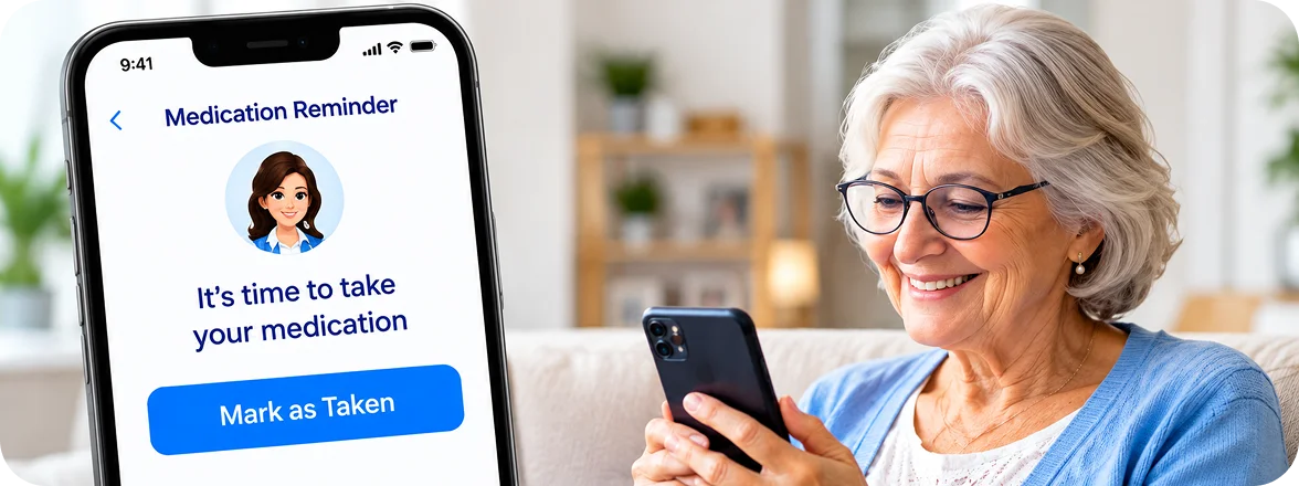 Kiara medication reminder screen prompting a user to take scheduled medication
