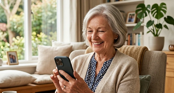 Senior woman using a smartphone at home