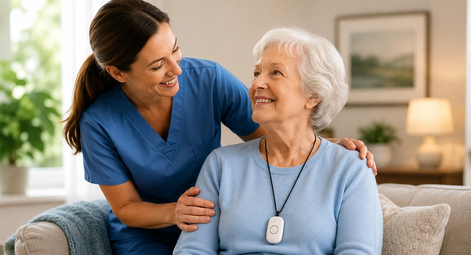 Resident Safety Program — nurse supporting senior with medical alert pendant