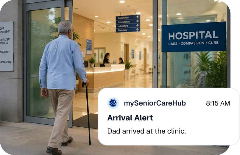 Arrival alert confirming Mom arrived at the clinic