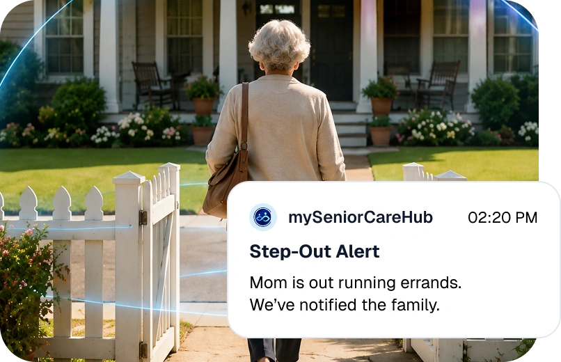 Step-Out Alert notifying family that Mom is out running errands