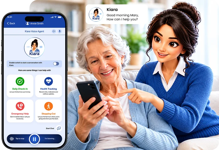 Older adult using the mySeniorCareHub mobile app for wellness and family safety