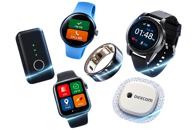 Wearables and health devices connected through the mySeniorCareHub app, including a smartwatch, SOS watch, medical alert tracker, and phone
