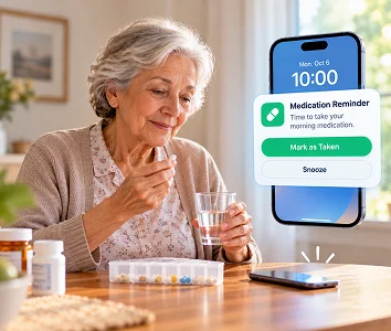 mySeniorCareHub app supporting morning wellness and medication routines