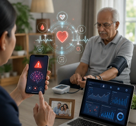 Caregiver receiving AI wellness alerts on smartphone while monitoring senior's vitals