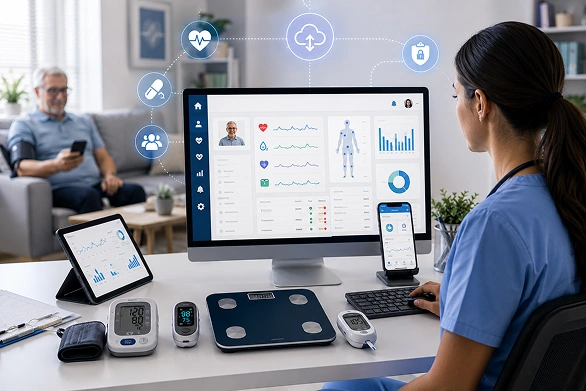 Remote patient monitoring: senior using health app connected to clinician dashboard