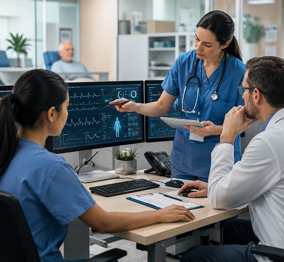 Clinical care team reviewing patient monitoring data on screens