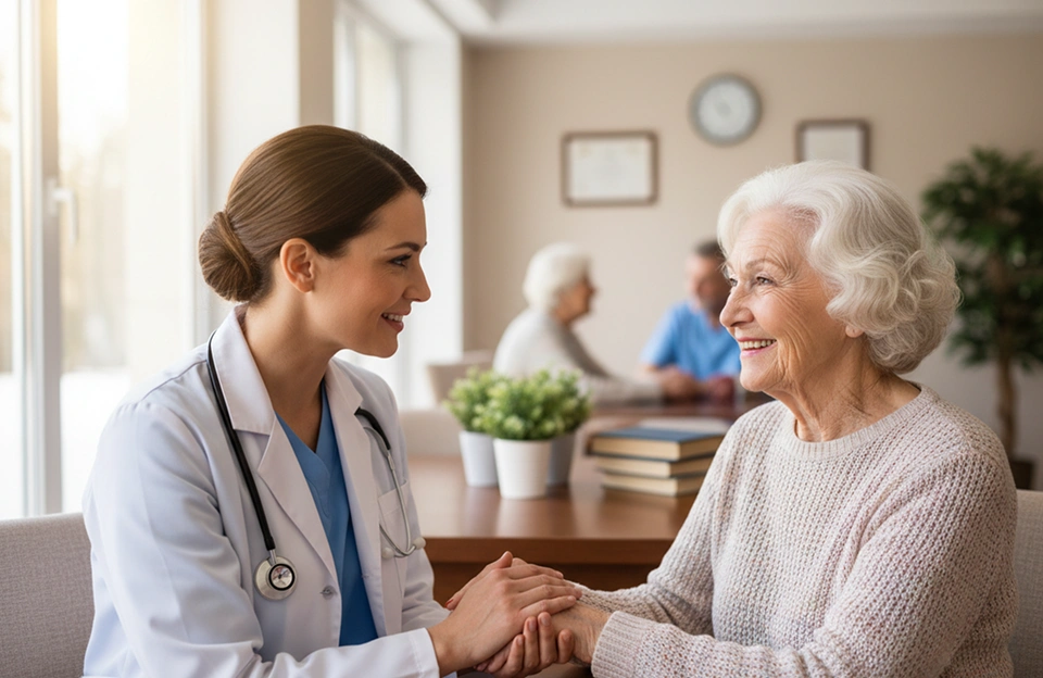 Doctor holding hands with smiling senior patient