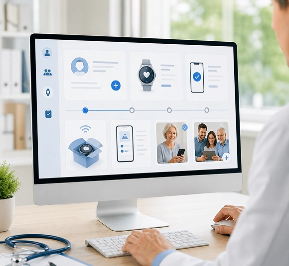 Patient onboarding steps shown on a monitor with connected devices
