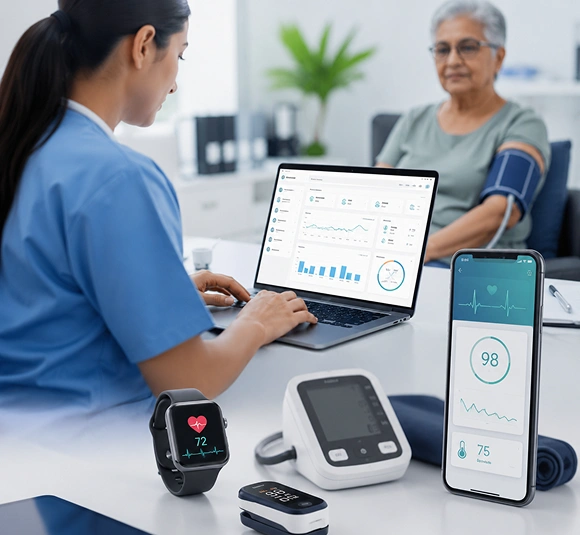 Nurse reviewing remotely collected patient vitals on laptop and mobile