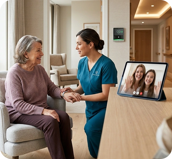 Caregiver connecting with senior resident and family via tablet