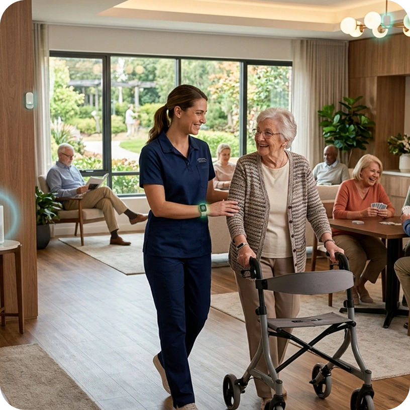 Caregiver assisting senior resident with walker