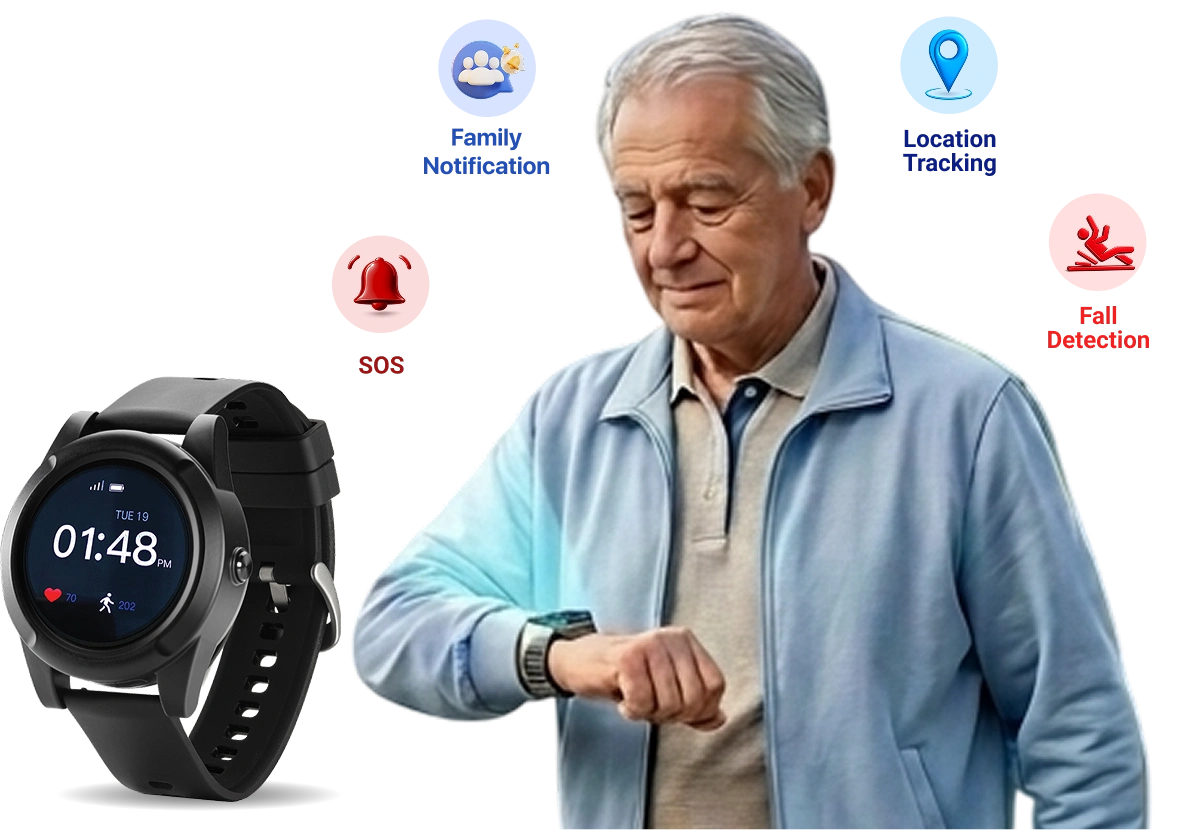 Senior wearing SafeLynk Smart Watch with fall detection and family notifications