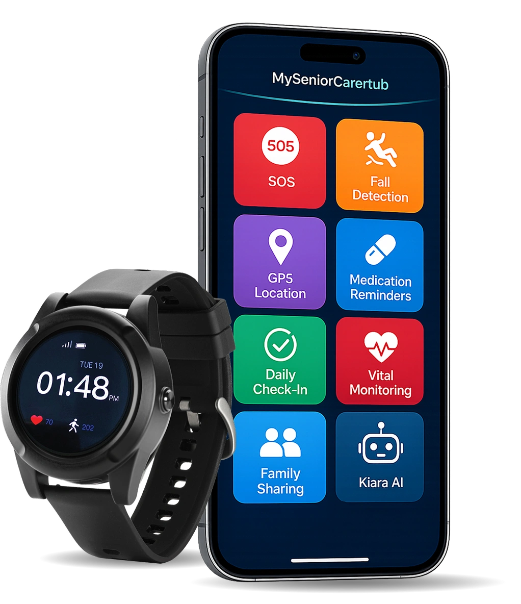 SafeLynk Smart Watch paired with mySeniorCareHub mobile app