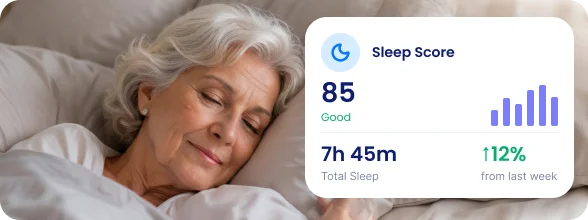 Senior woman sleeping while tracking sleep patterns with a wellness app, showing sleep score, duration and sleep trends