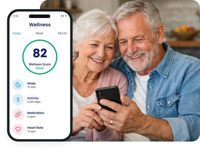 Senior couple using a wellness app on a smartphone displaying sleep, activity, medication and vital signs