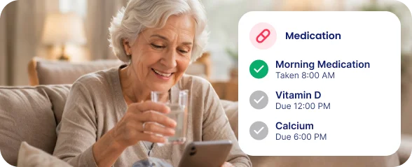 Senior woman taking medication with reminders from a wellness app, showing scheduled medicines and doses