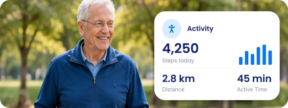 Senior man walking outdoors while tracking daily activity, with daily steps, distance and active time