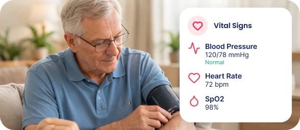 Senior man checking blood pressure while monitoring health readings, including blood pressure, heart rate and oxygen saturation