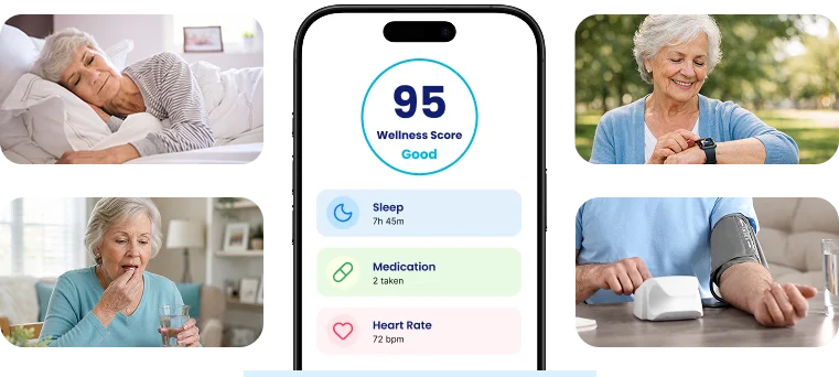 mySeniorCareHub wellness app with a compatible smartwatch, smart locket and in-home device